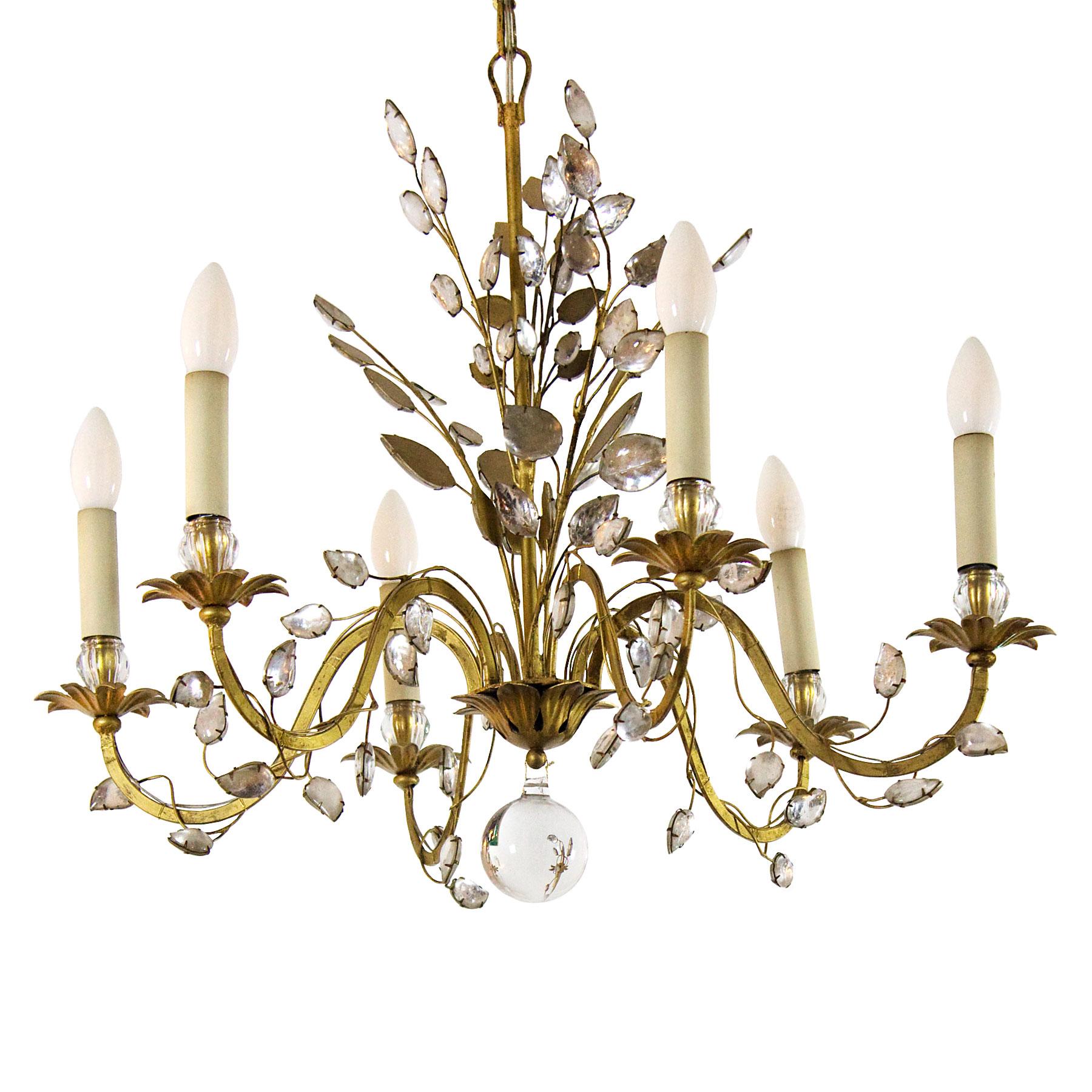 Ravishing chandelier, golden wrought iron, glass and glittered glass.

Maker: Maison Baguès, Paris

France, circa 1950.