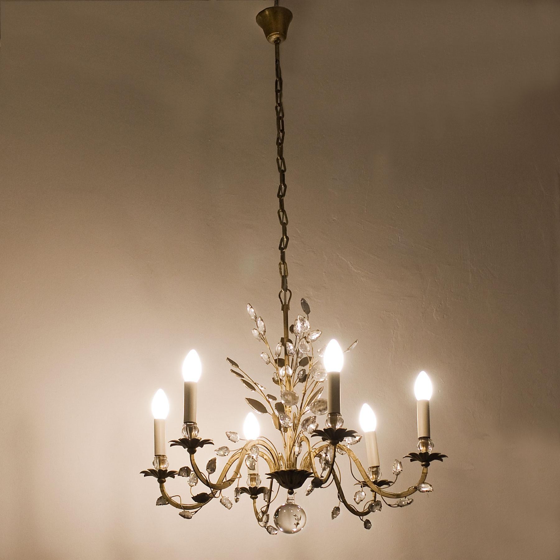 1950s Chandelier by Maison Baguès, Paris, Wrought Iron, Glass, France In Good Condition In Girona, ES