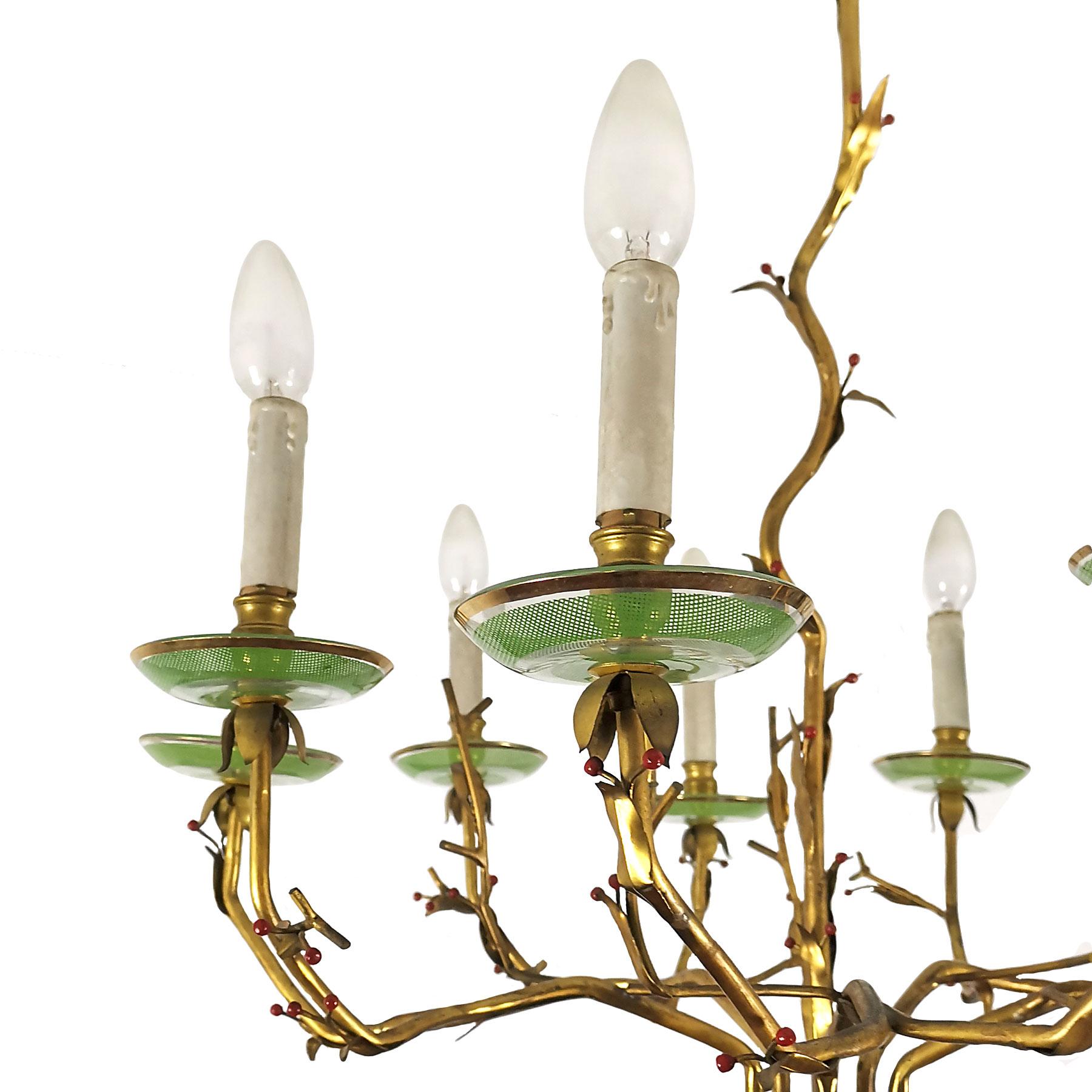 Mid-Century Modern Chandelier in Golden Bronze and Engraved Glass - Spain In Good Condition For Sale In Girona, ES