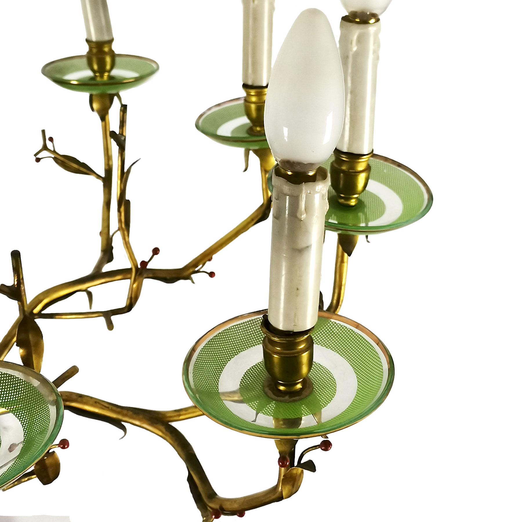 Mid-20th Century Mid-Century Modern Chandelier in Golden Bronze and Engraved Glass - Spain For Sale