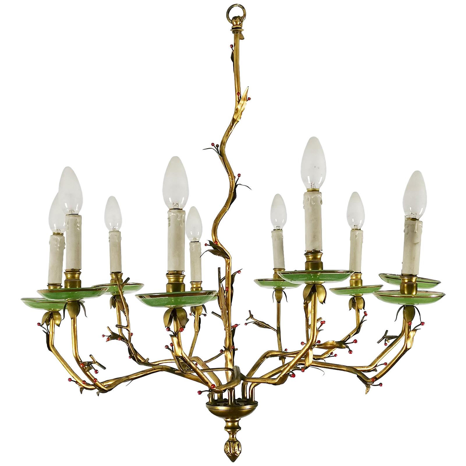 1950s Chandelier with Ten Branches, Golden Bronze and Engraved Glass, Spain
