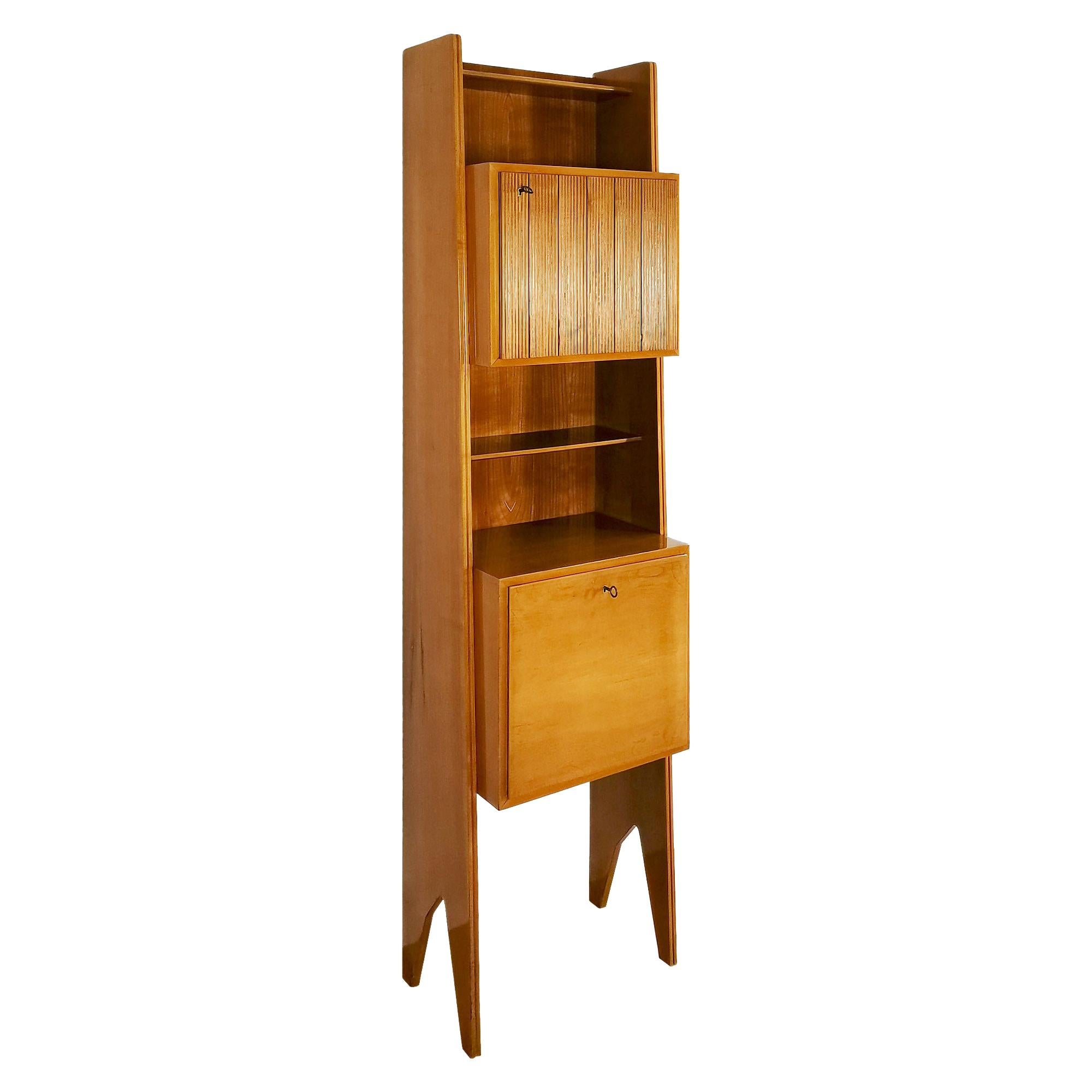 Mid-Century Modern Cherry Wood Bookcase With Shelves and Two Doors - Italy
