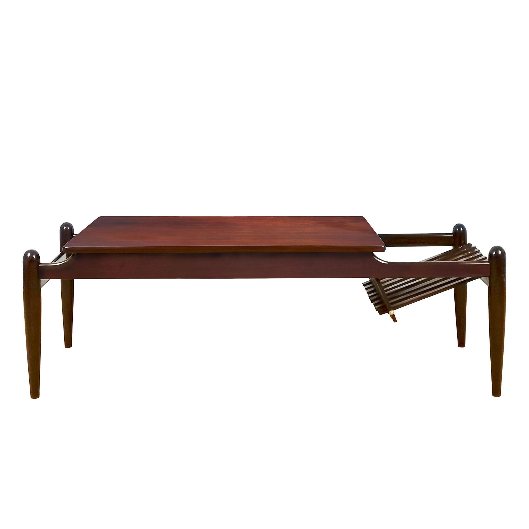 Mid-20th Century Mid-Century Modern Coffee Table with Magazine Rack, Mahogany and Brass - Italy For Sale