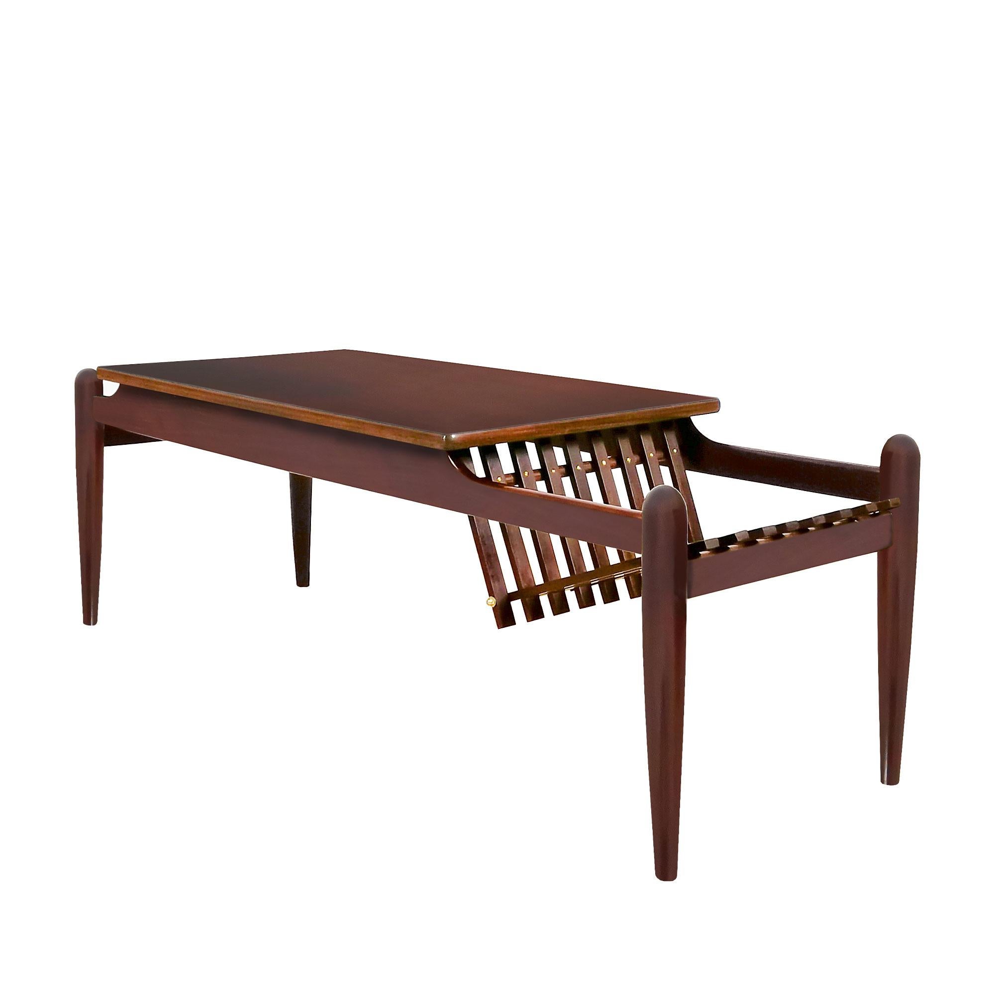 Mid-Century Modern Coffee Table with Magazine Rack, Mahogany and Brass - Italy For Sale 1