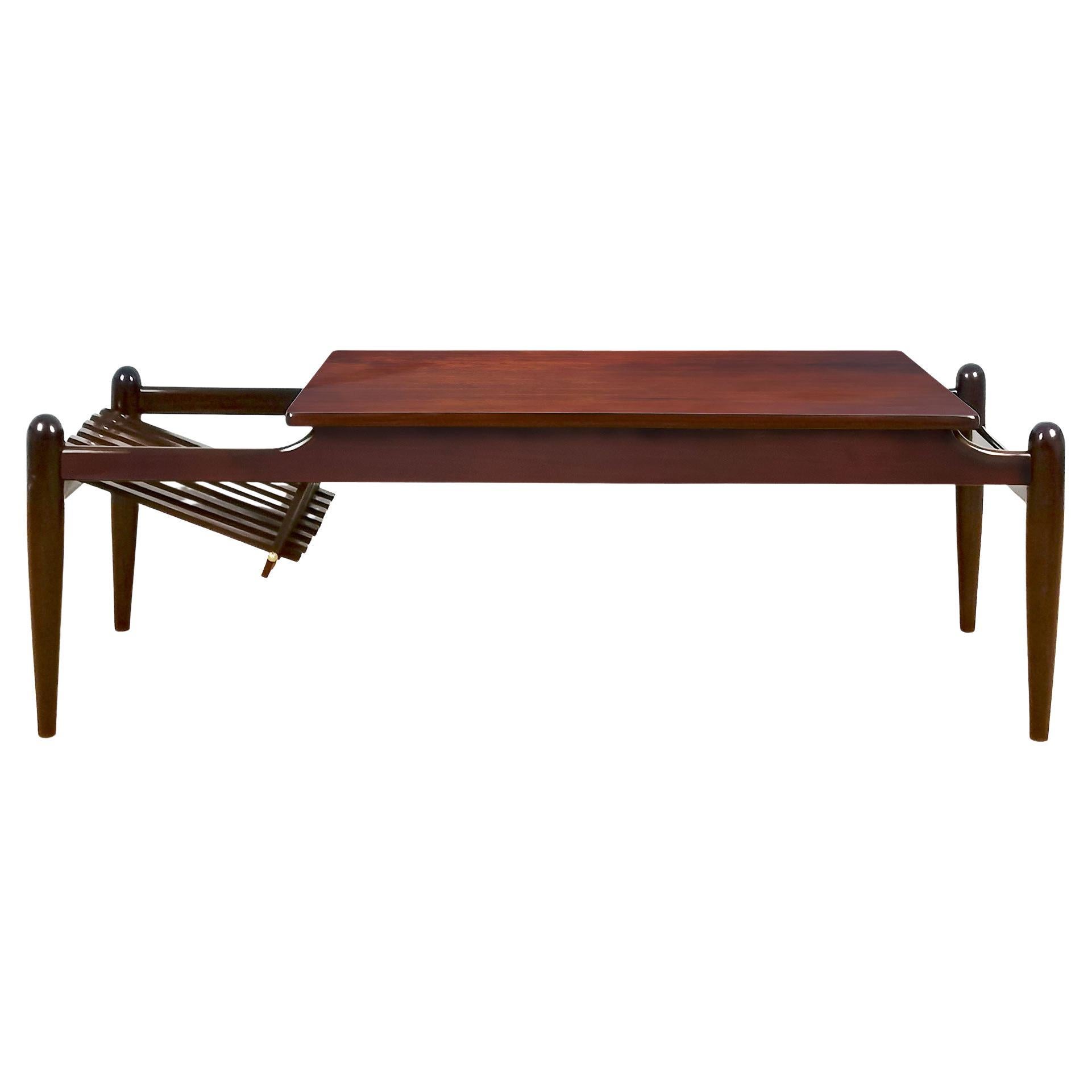 Mid-Century Modern Coffee Table with Magazine Rack, Mahogany and Brass - Italy For Sale