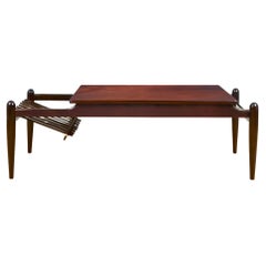 Mid-Century Modern Coffee Table with Magazine Rack, Mahogany and Brass - Italy