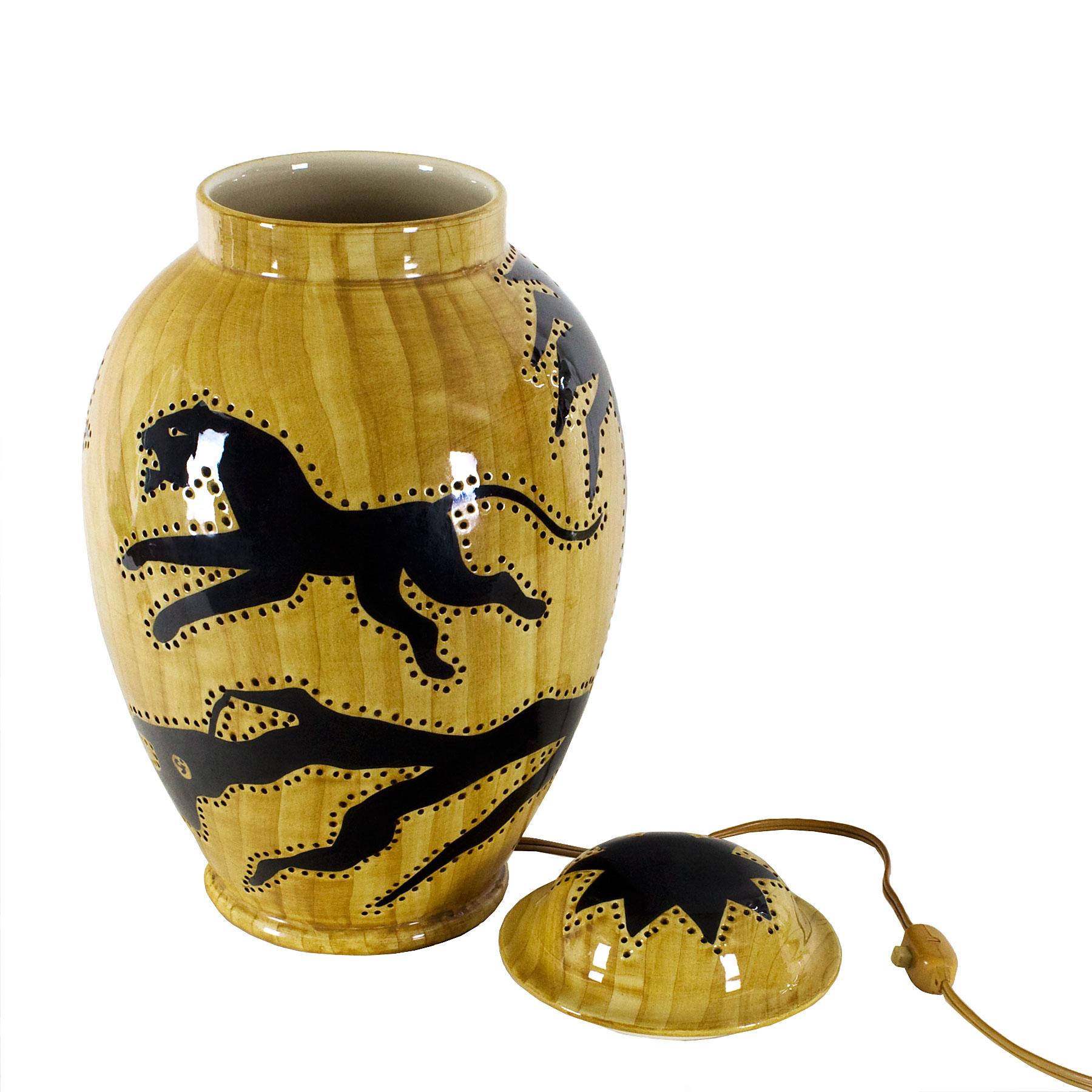Enameled 1950s Covered Pot Lamp by Grandjean-Jourdan, Perforated Ceramic, Vallauris