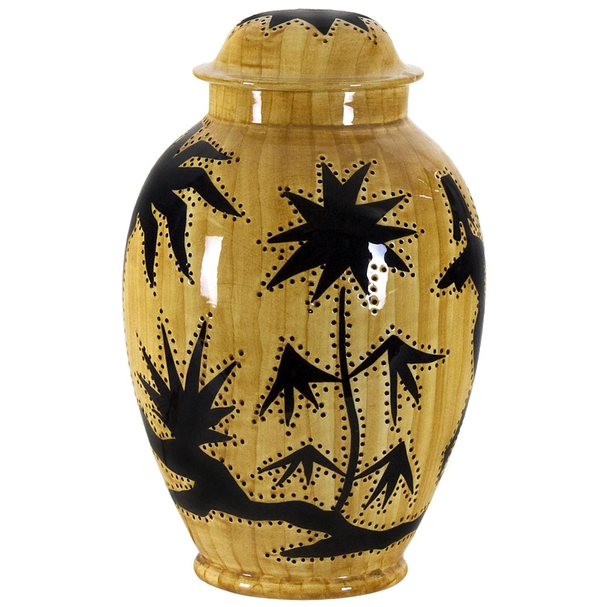 1950s Covered Pot Lamp by Grandjean-Jourdan, Perforated Ceramic, Vallauris