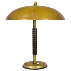 1950s Desk Lamp with Wood and Brass Rings, Brass Lampshade, Belgium