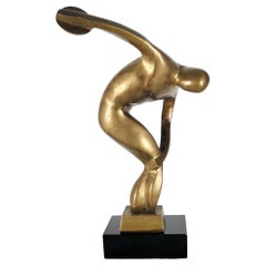 1950´S "Discobolus", Patinated Brass, Lacquered Wood, Anonymous Work, France