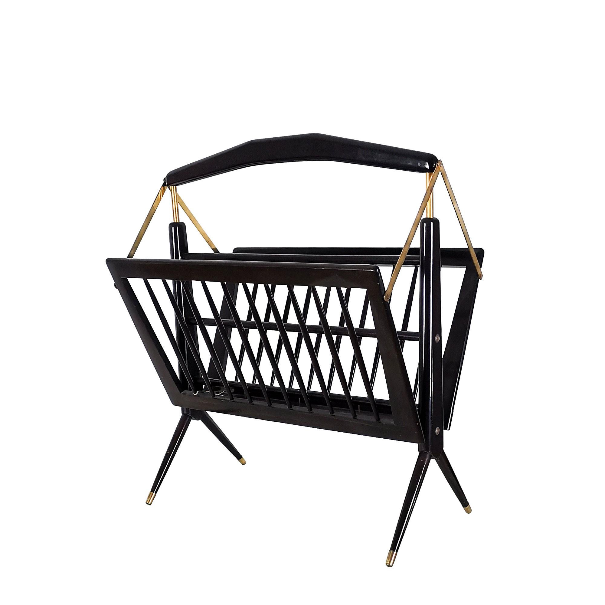 Italian Mid-Century Modern Folding Magazine Rack by Cesare Lacca in Dark Wood- Italy For Sale