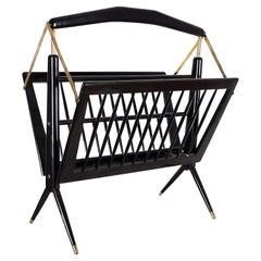1950´S Folding Magazine Rack, Stained Wood and Brass, Italy