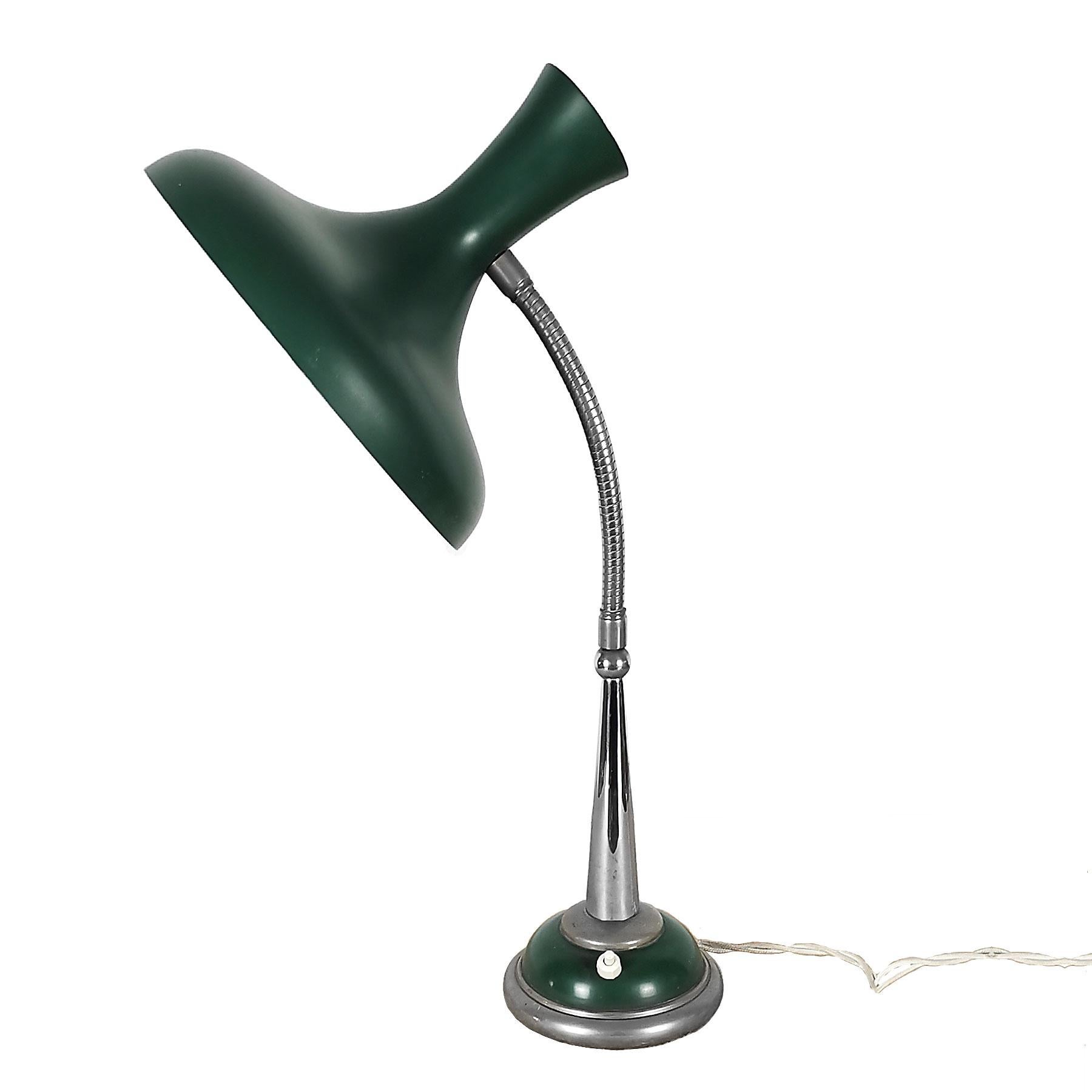 Green desk lamp, painted sheet metal and chrome plated.

France, c. 1950.