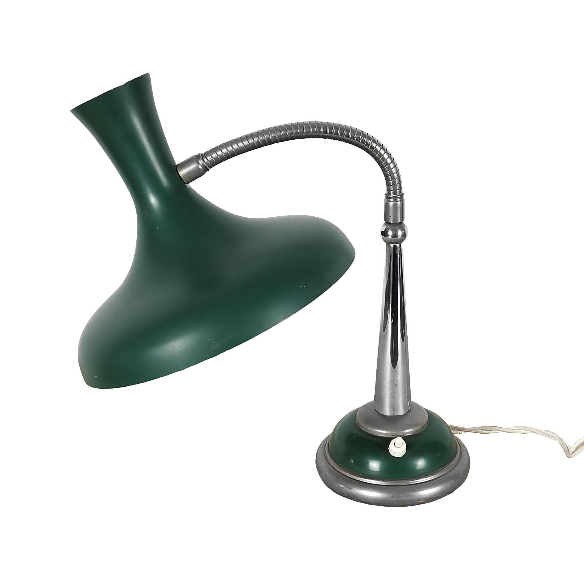 French Mid-Century Modern Green Desk Lamp, Painted Sheet Metal, Chrome Plated - France For Sale