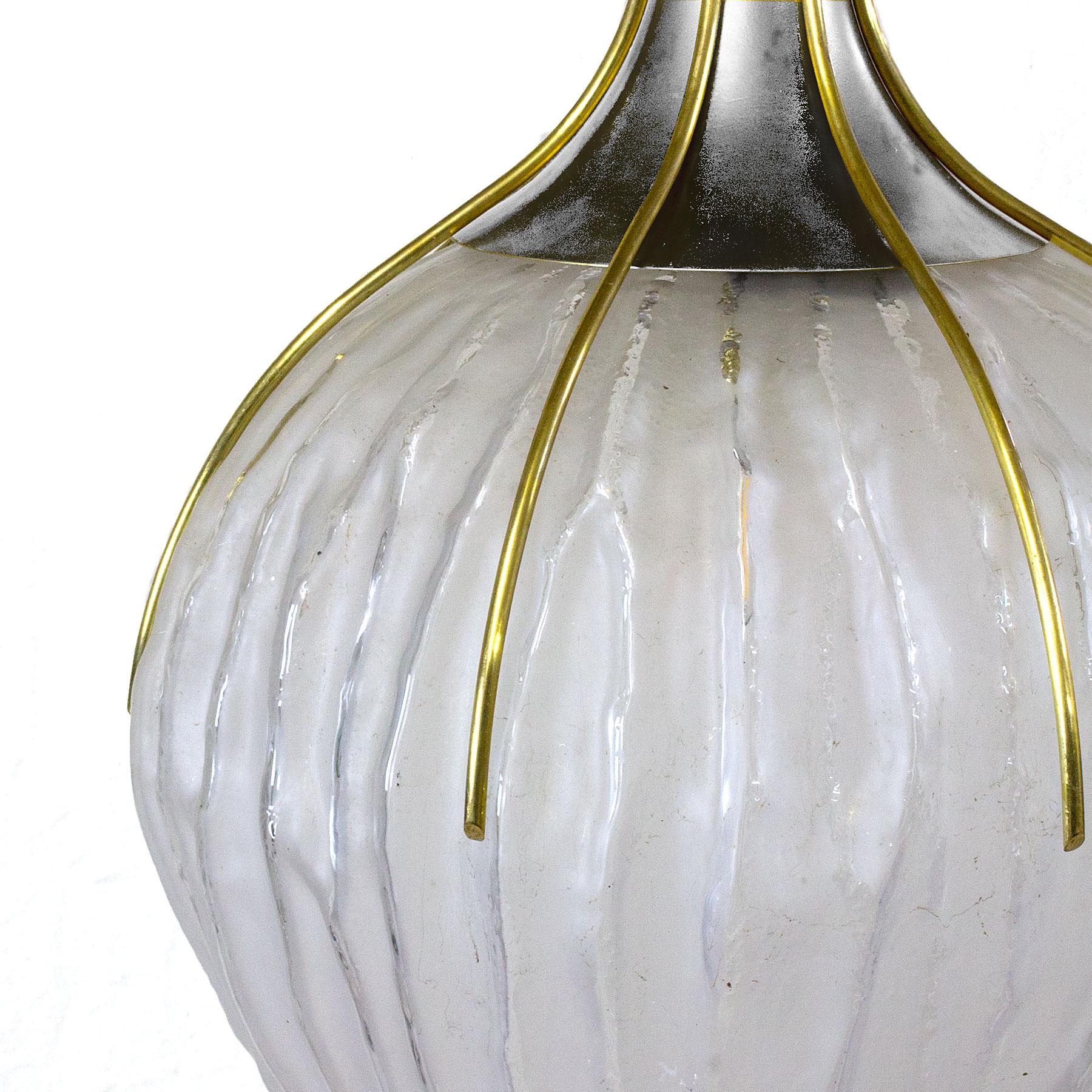 Brass Mid-Century Modern Hanging Lantern by Esperia, Acid Etched Glass Ball - Italy For Sale