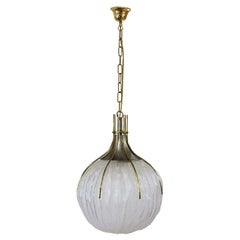 1950s Hanging Lantern by Esperia, Moulded Acid Etched Glass Ball, Brass, Italy