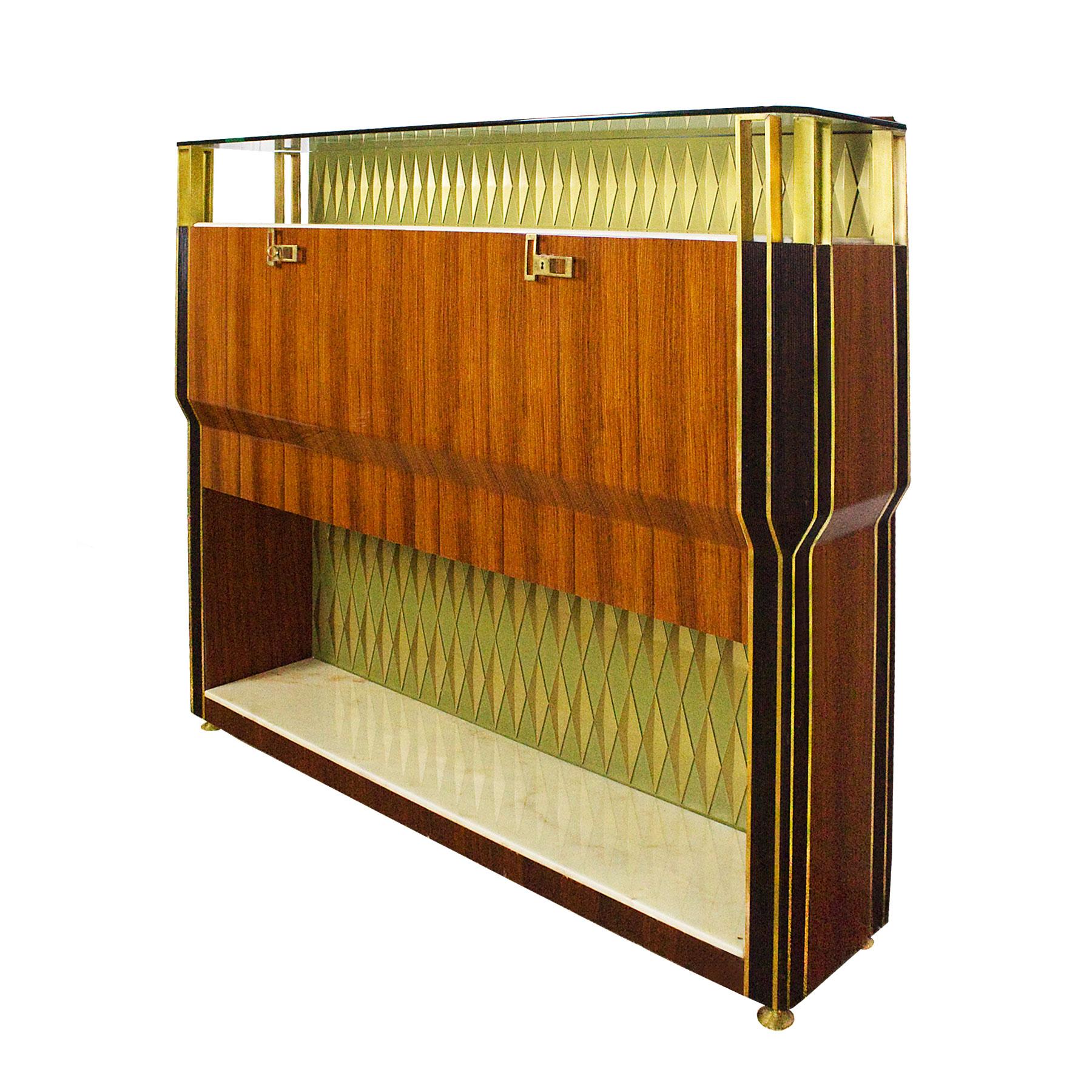 Important dry bar, solid wood and zebra wood veneer, 