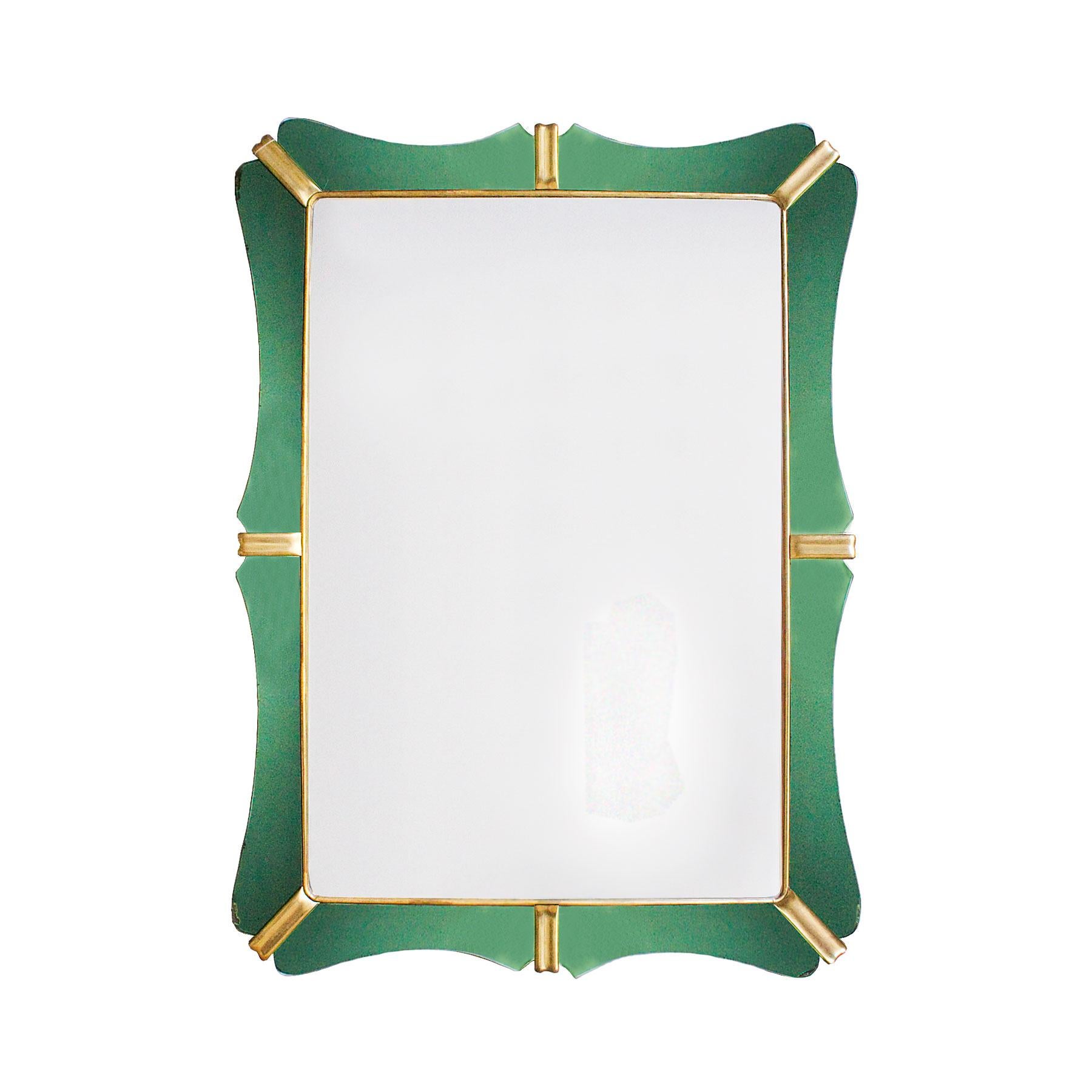 Large mirror, wood structure, eight green mirrors frame, golden leaf wood in between and inner frame, some oxidation.

Italy, circa 1950.