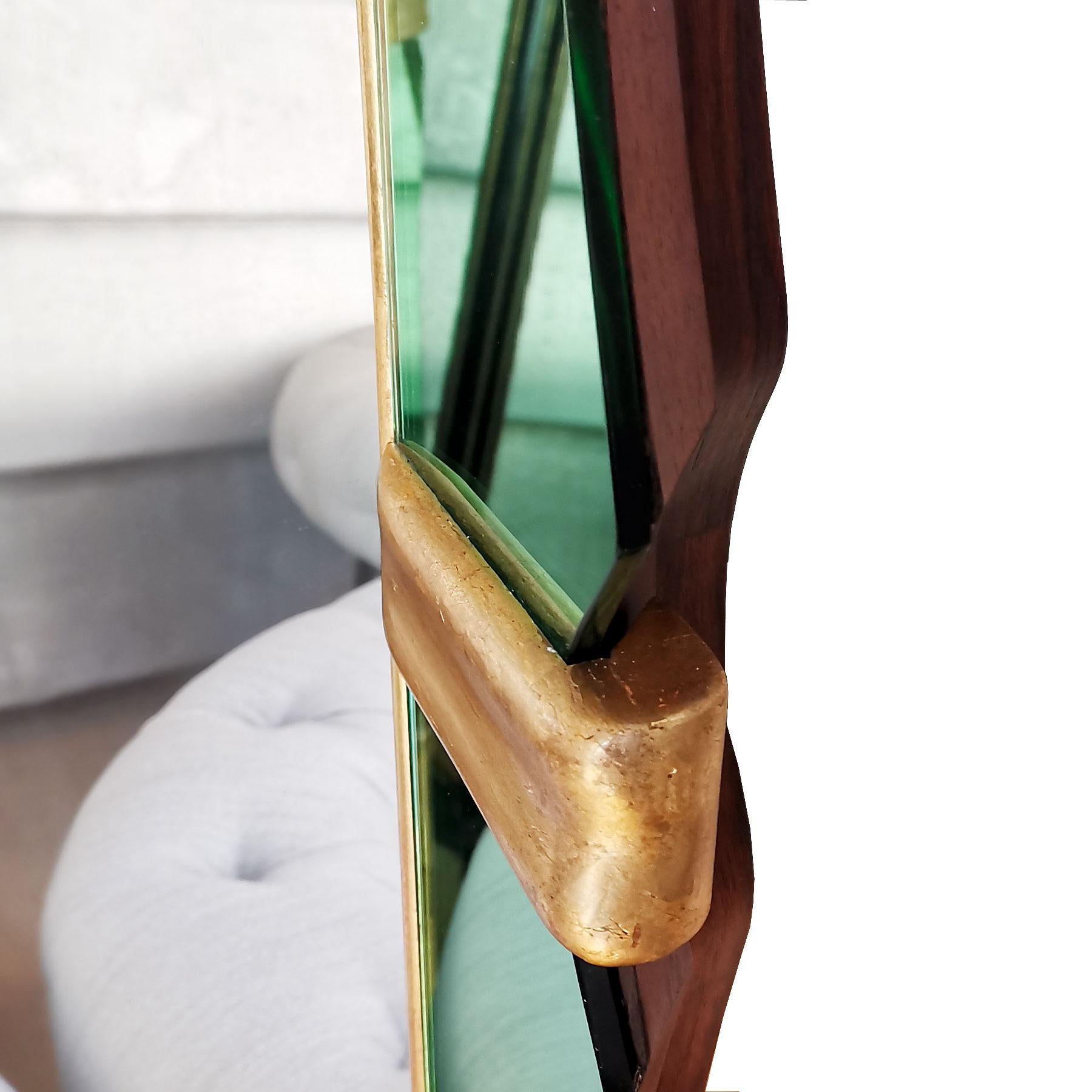 Mid-20th Century 1950s Large Mirror, Green Mirrors Frame and Golden Leaf Wood, Italy
