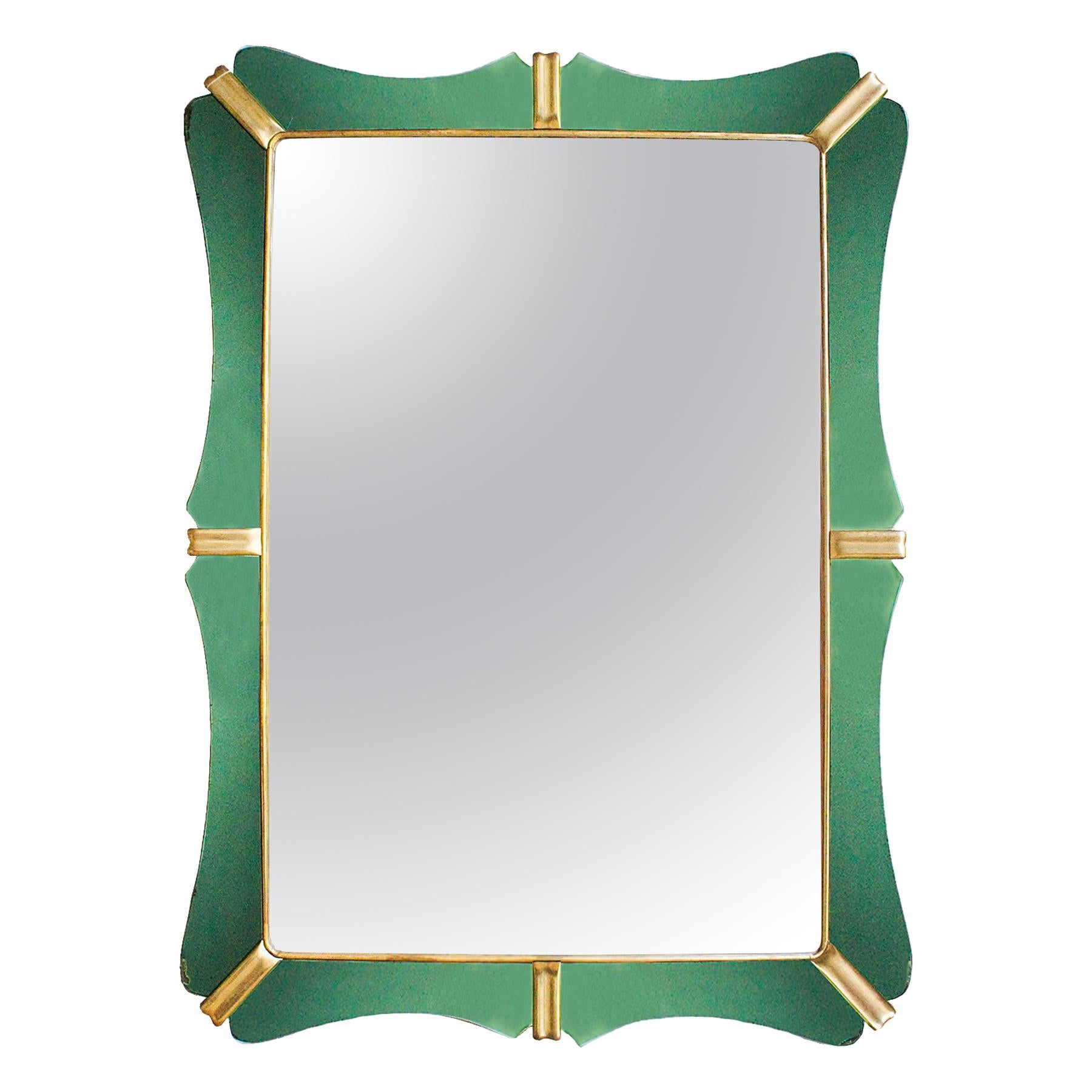 1950s Large Mirror, Green Mirrors Frame and Golden Leaf Wood, Italy