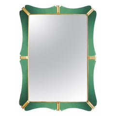 1950s Large Mirror, Green Mirrors Frame and Golden Leaf Wood, Italy