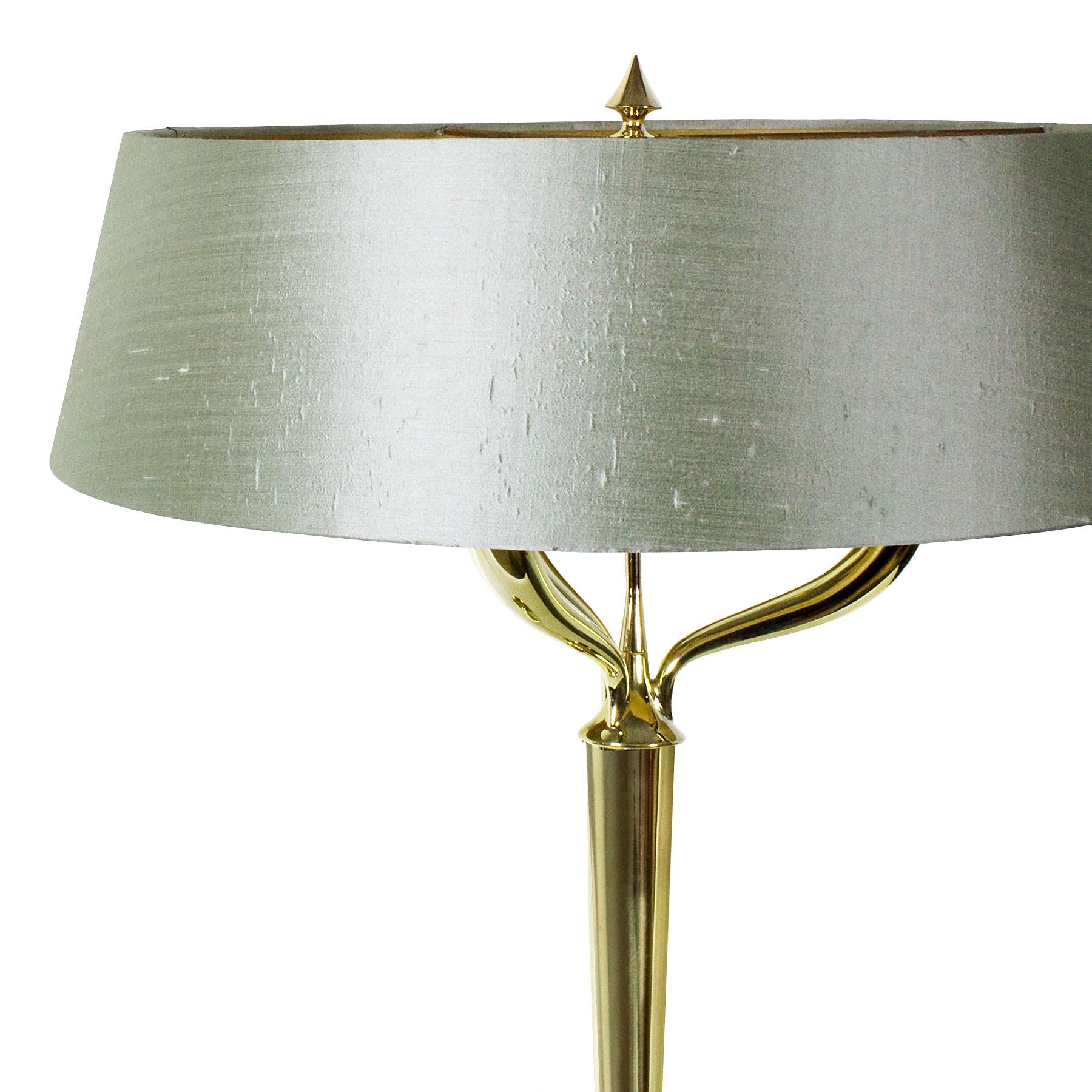 Polished Large Mid-Century Modern Table Lamp With New Green Almond Silk Lampshade - Italy For Sale