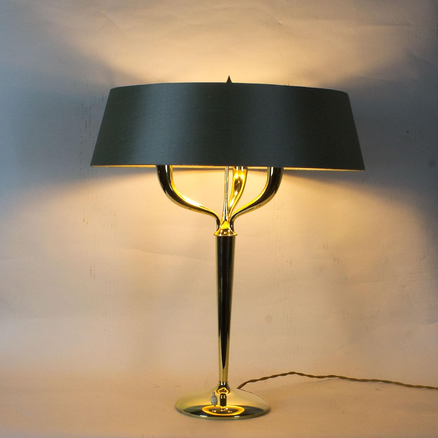 Brass Large Mid-Century Modern Table Lamp With New Green Almond Silk Lampshade - Italy For Sale