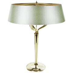 1950s Large Table Lamp, Three Branches, Polished Brass, Silk Lampshade, Italy