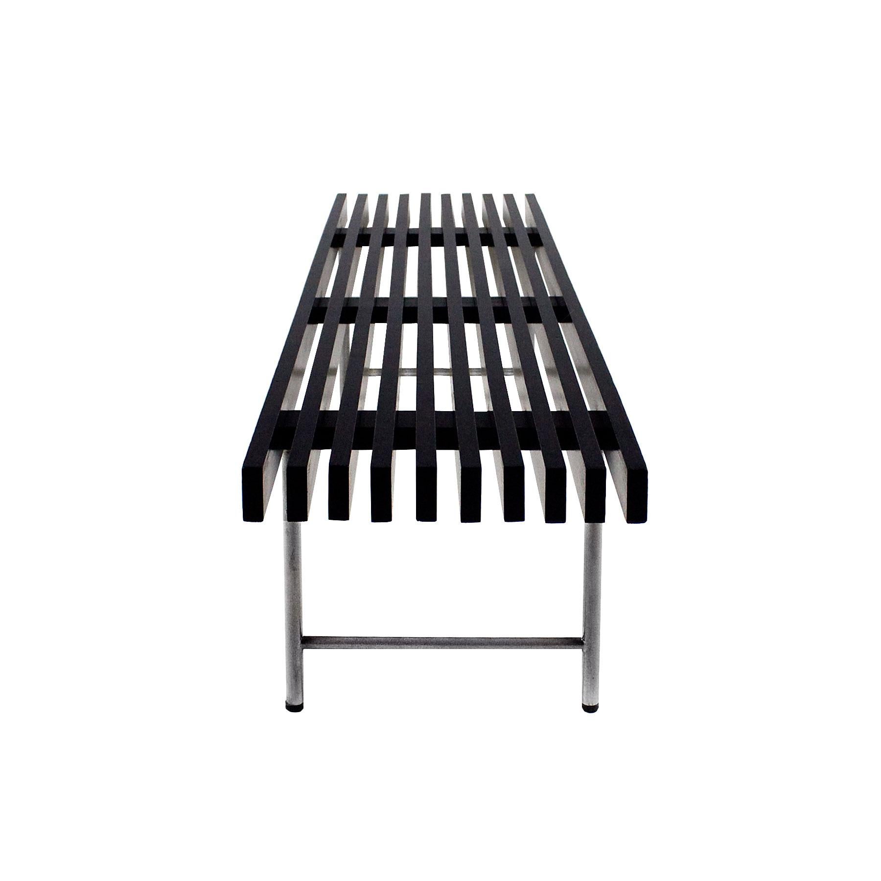 Mid-Century Modern 1950s Long Bench, Stained Mahogany Slats, Chrome-Plated Brass, Italy