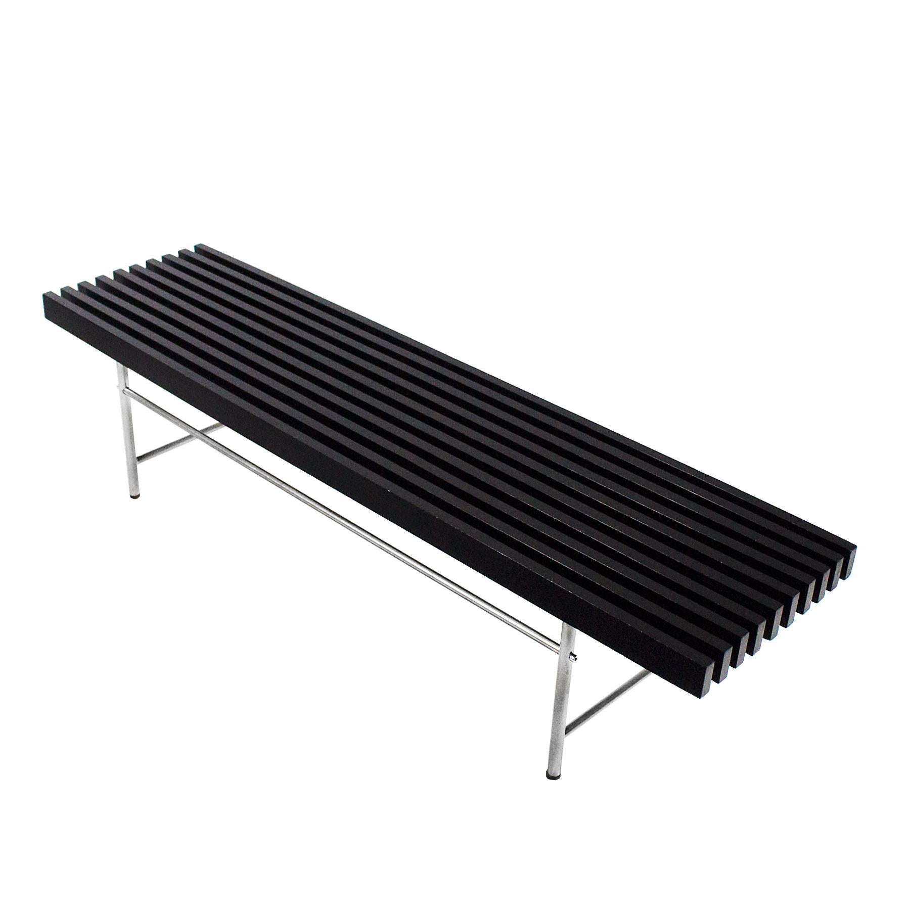 Italian 1950s Long Bench, Stained Mahogany Slats, Chrome-Plated Brass, Italy