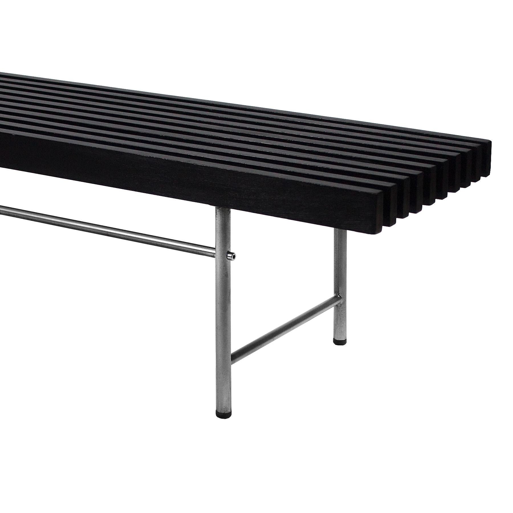 Mid-20th Century 1950s Long Bench, Stained Mahogany Slats, Chrome-Plated Brass, Italy