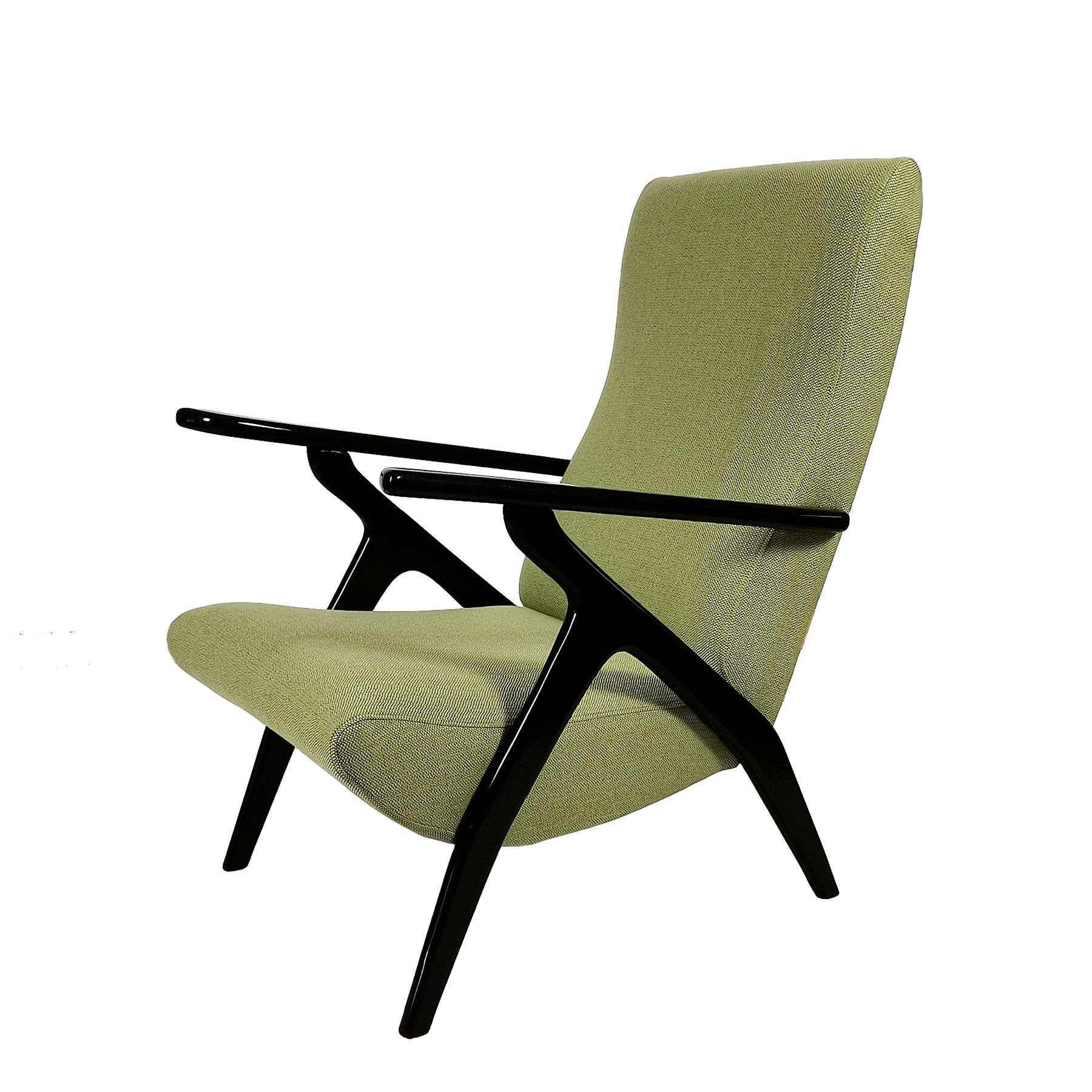 Italian Pair of Mid-Century Modern Armchairs, Beech Wood and Green Flecked Fabric- Italy For Sale