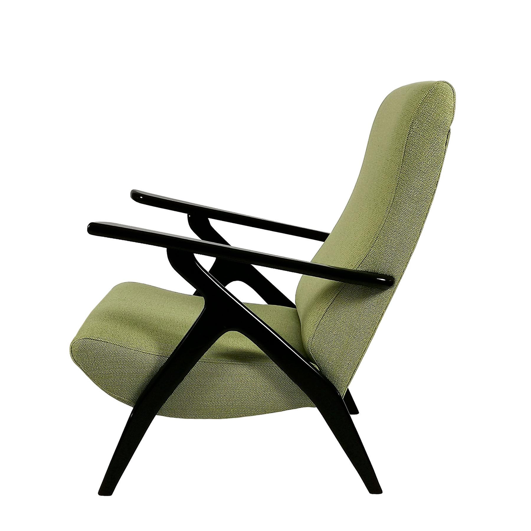 Stained Pair of Mid-Century Modern Armchairs, Beech Wood and Green Flecked Fabric- Italy For Sale