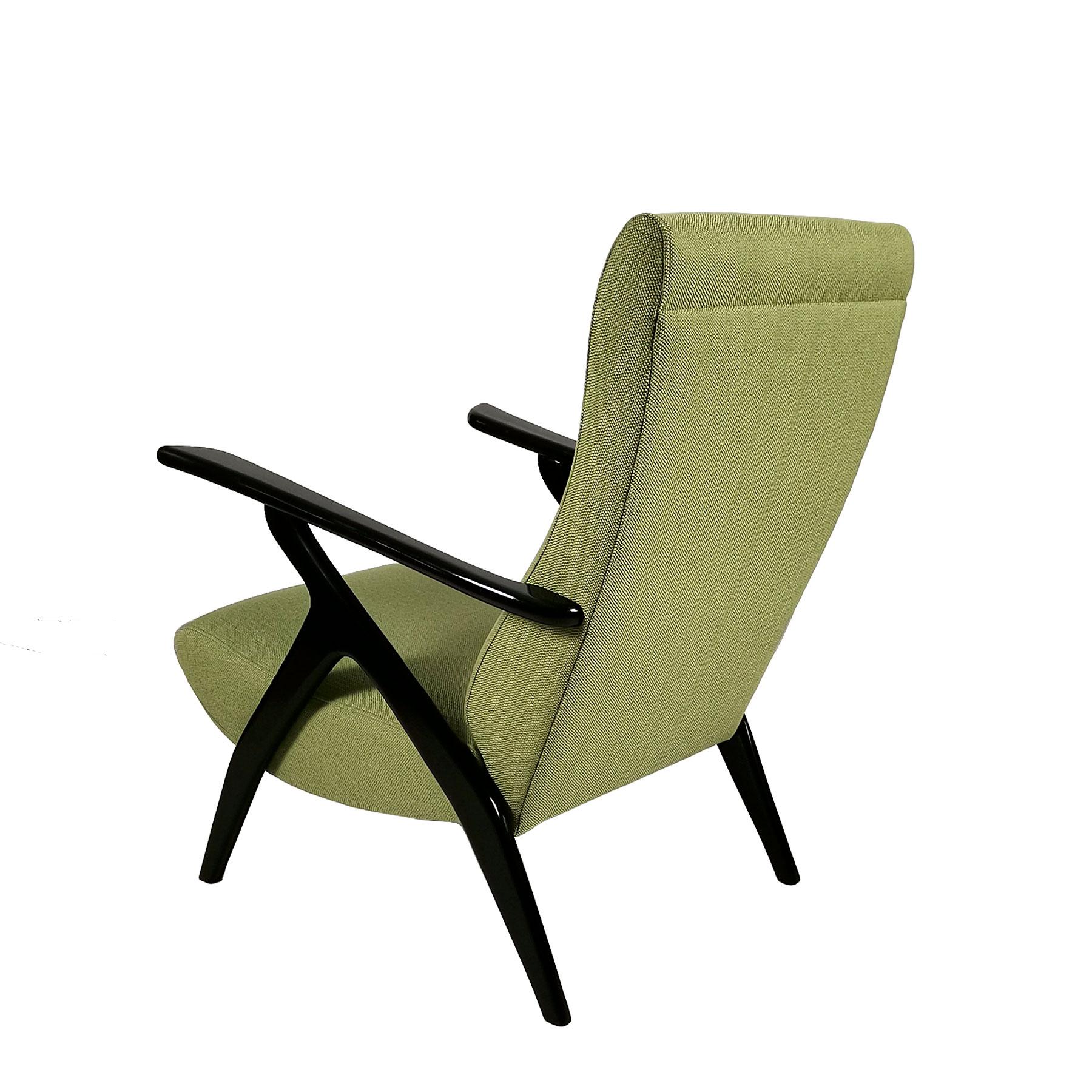 Pair of Mid-Century Modern Armchairs, Beech Wood and Green Flecked Fabric- Italy In Good Condition For Sale In Girona, ES