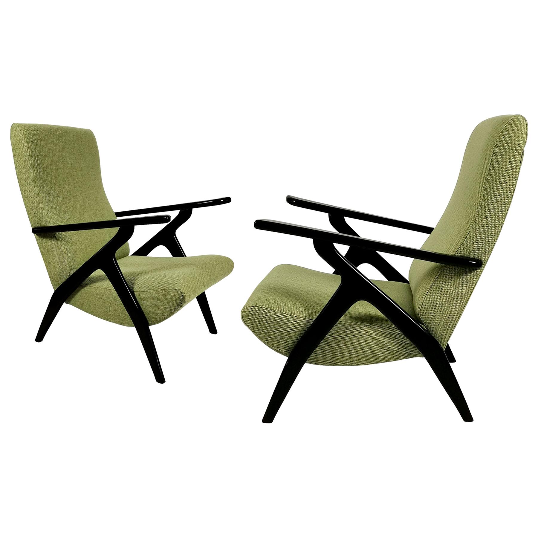 Moderne Sessel aus der Mitte des Jahrhunderts, Buchenholz und grün geflochtener Stoff – Italien, Paar
