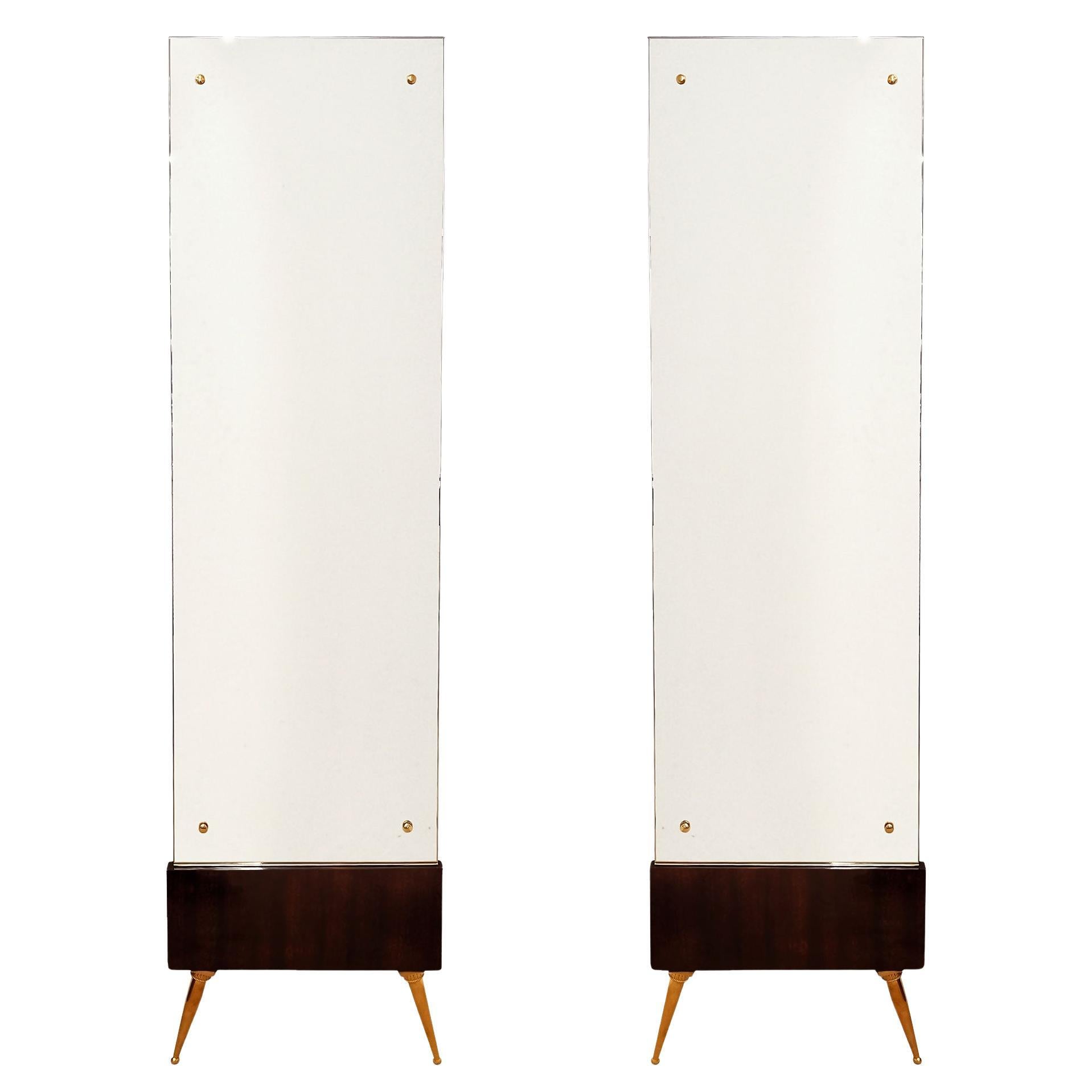 Mid-Century Modern Pair of Floor Mirrors, Mahogany Base and Brass Feet - Italy For Sale