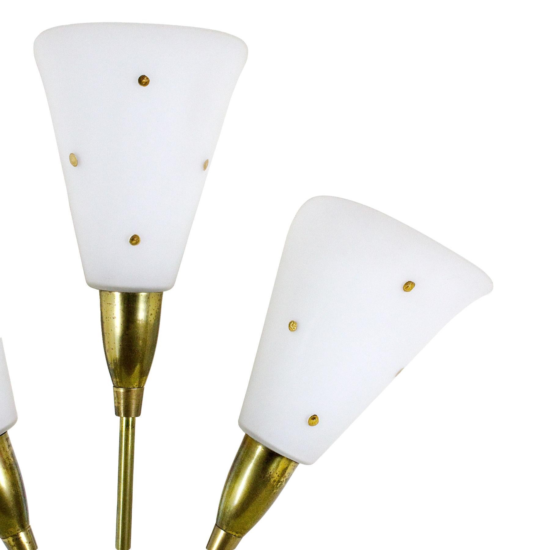 Mid-Century Modern 1950s Pair of Large Wall Lights, Brass, White Opal Glass Lampshades, France 