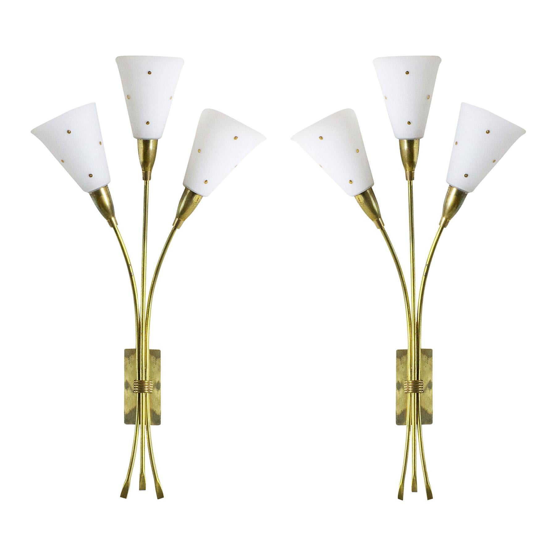 1950s Pair of Large Wall Lights, Brass, White Opal Glass Lampshades, France 