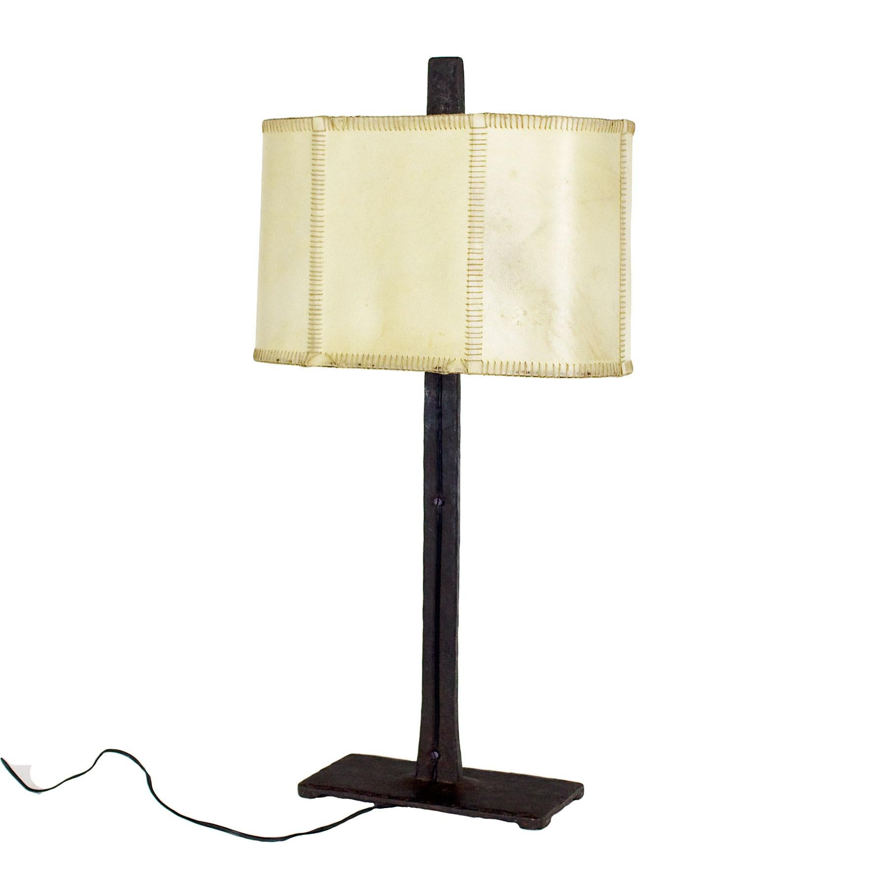 1950s Pair of Table Lamps, Wrought Iron, Parchment, Barcelona In Good Condition In Girona, ES