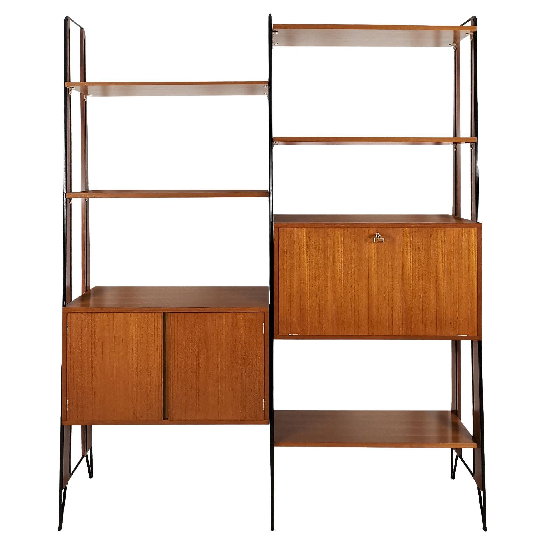 Mid-Cenury Modern Secretary Cabinet, Fully Adjustable, Teak, Zebra Wood - Italy