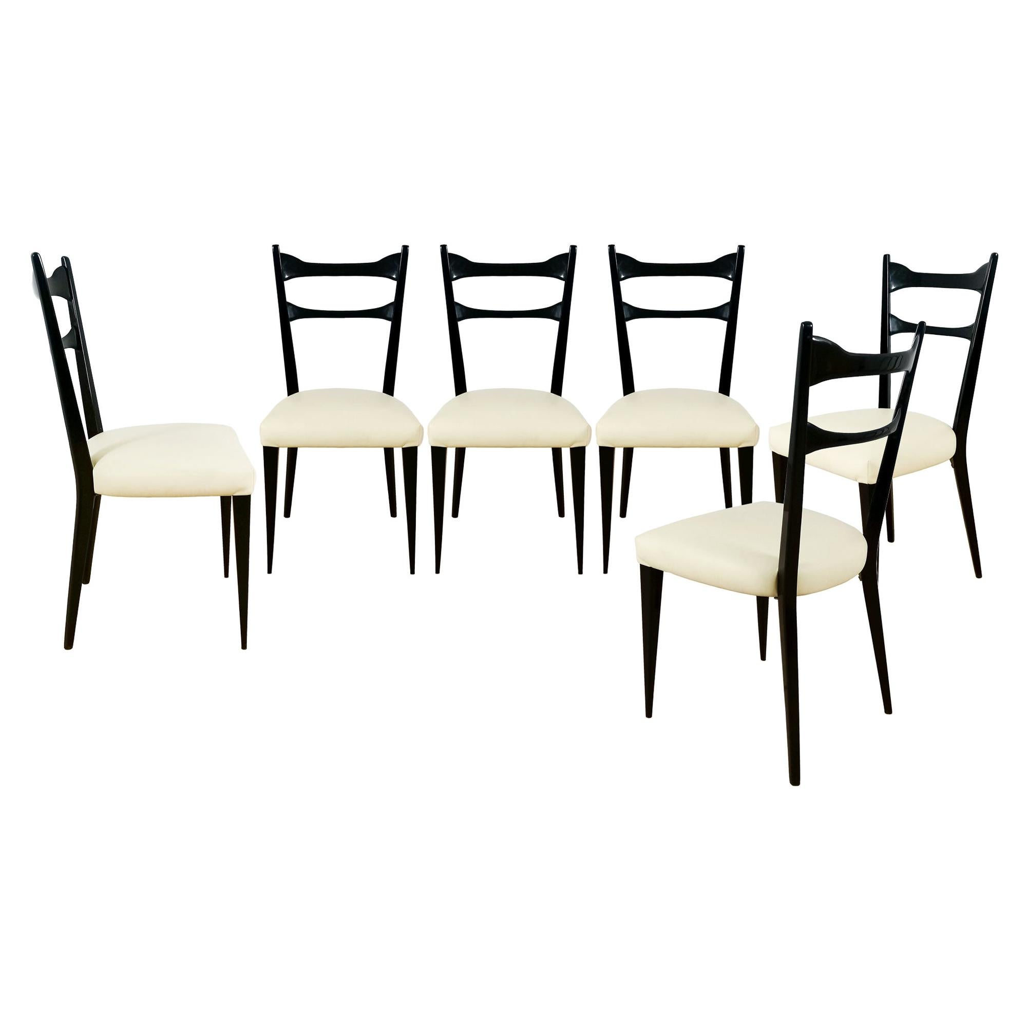 Set of Six Mid-Century Modern Chairs in Beech and Ivory Leather - Italy For Sale