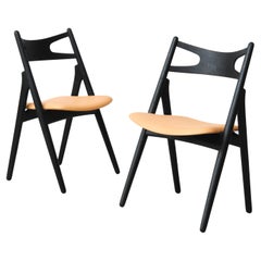 1950´s Set of Two Fully Restored Hans Wegner Sawbuck Chairs in Ebonized Oak