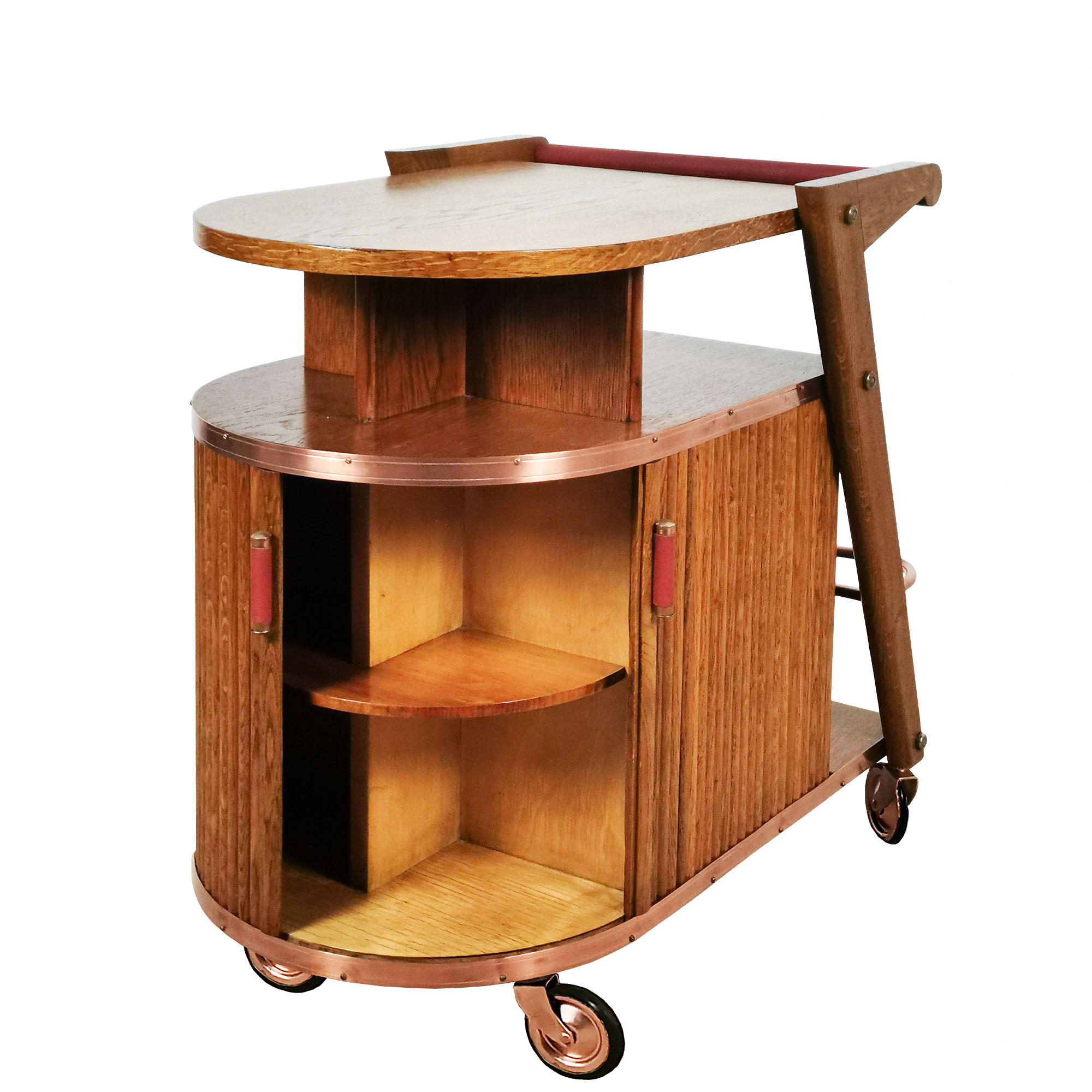 1950´s Small Bar Cart with Sliding Doors, Oak, Copper and Moleskin, France 1