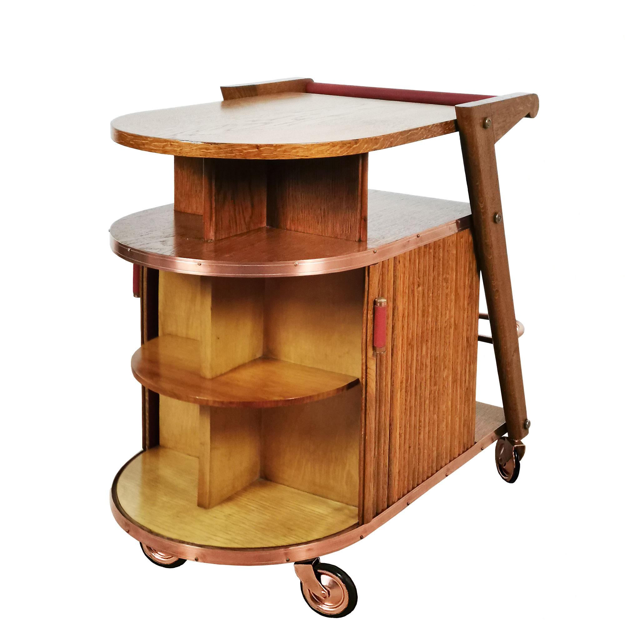 1950´s Small Bar Cart with Sliding Doors, Oak, Copper and Moleskin, France 2