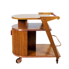1950´s Small Bar Cart with Sliding Doors, Oak, Copper and Moleskin, France