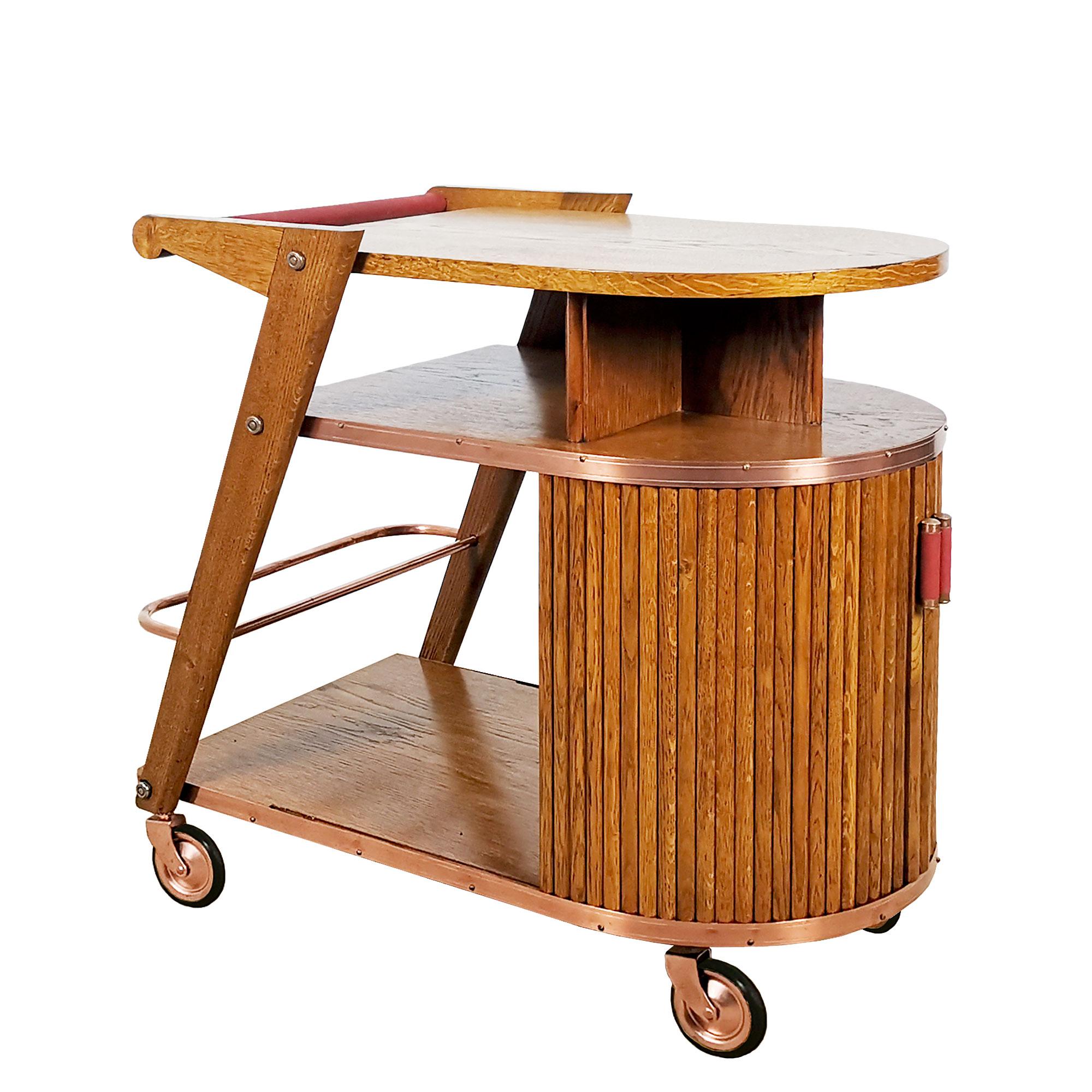 Mid-Century Modern 1950´s Small Bar Cart with Sliding Doors, Oak, Copper and Moleskin, France