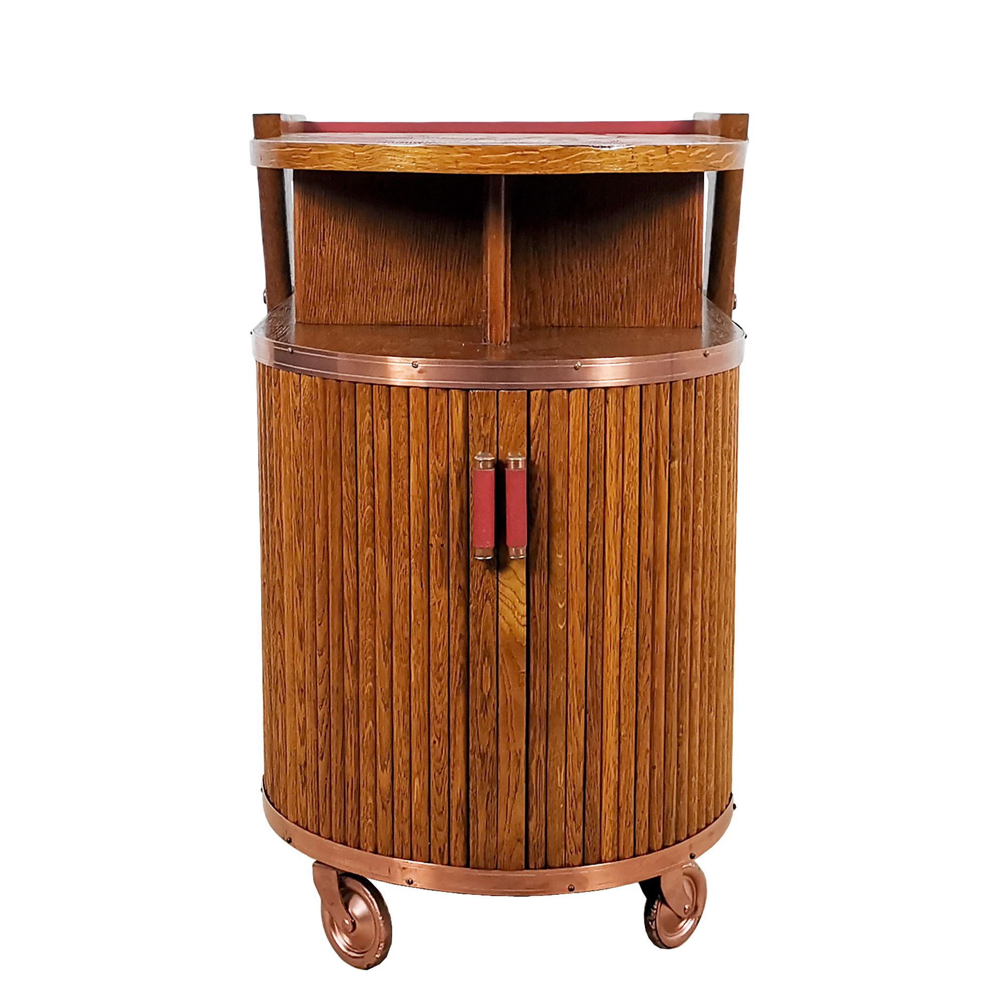 French 1950´s Small Bar Cart with Sliding Doors, Oak, Copper and Moleskin, France