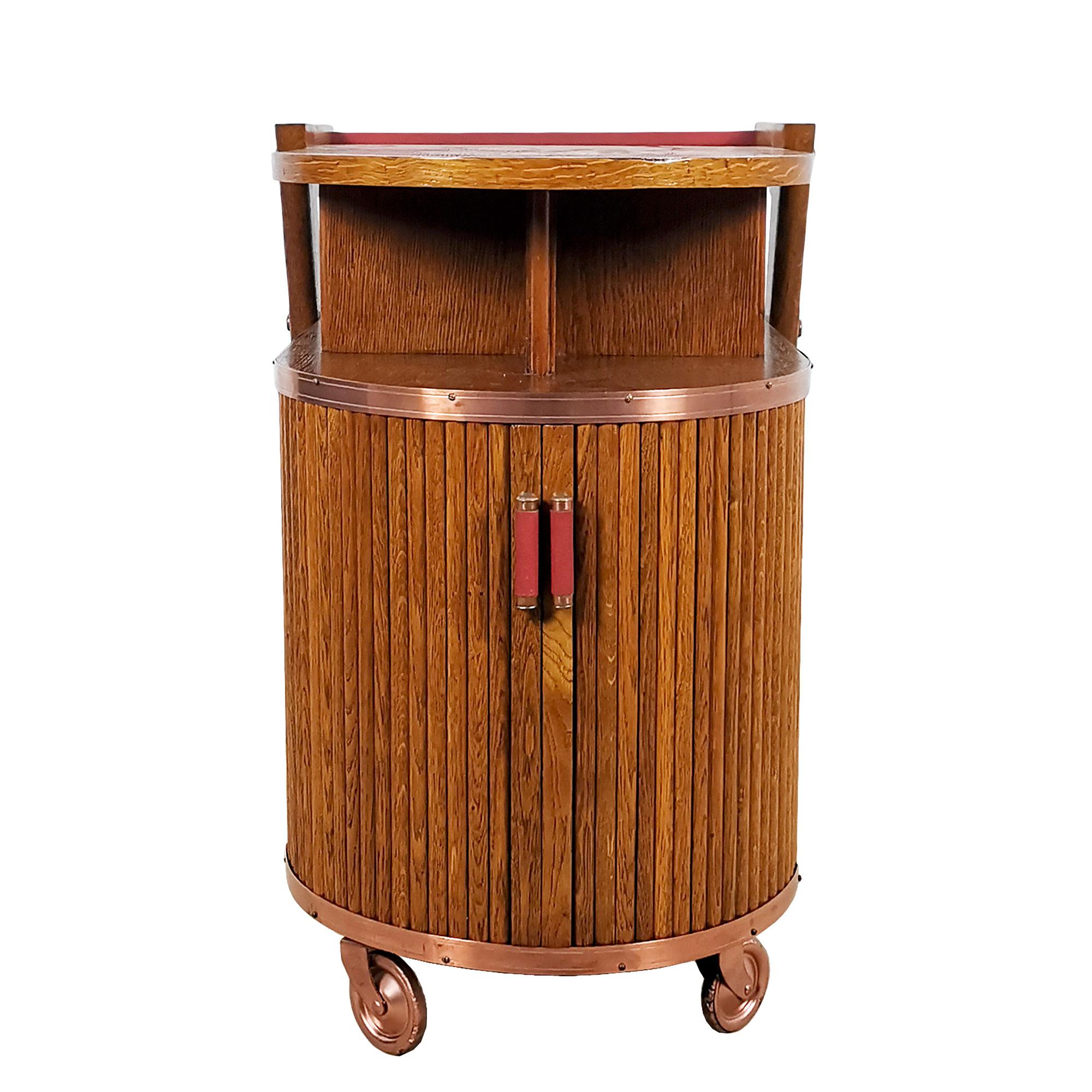 French 1950´s Small Bar Cart with Sliding Doors, Oak, Copper and Moleskin, France
