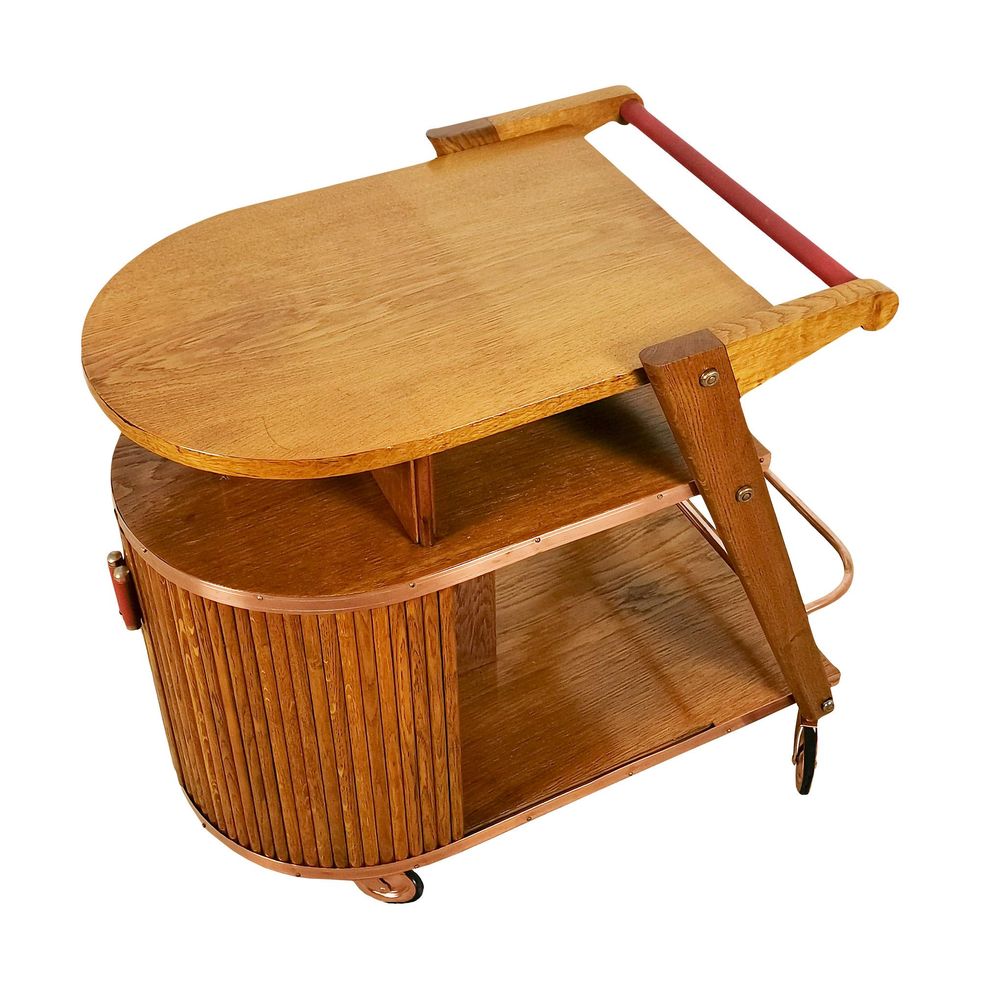 1950´s Small Bar Cart with Sliding Doors, Oak, Copper and Moleskin, France In Good Condition In Girona, ES