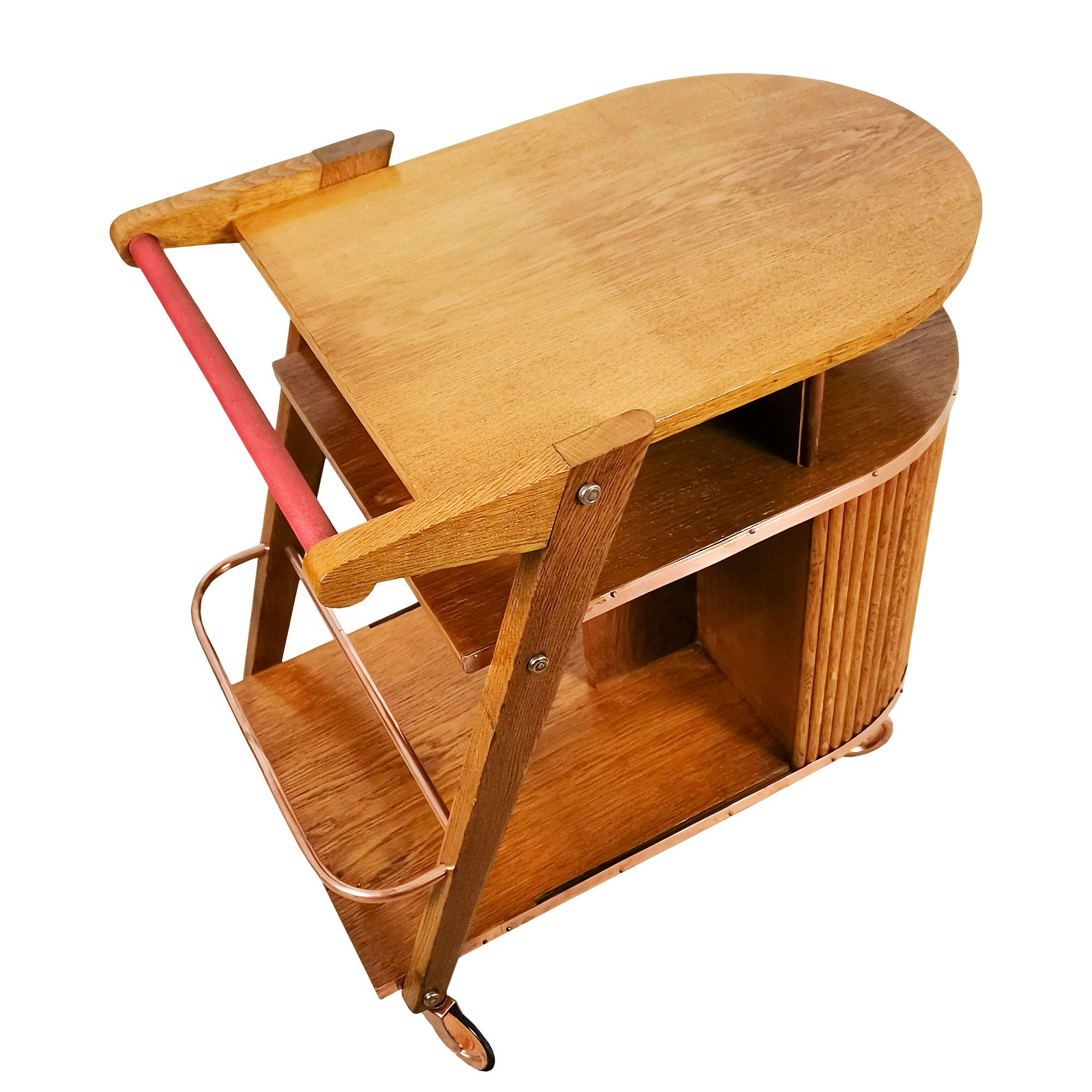20th Century 1950´s Small Bar Cart with Sliding Doors, Oak, Copper and Moleskin, France